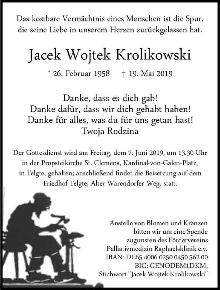  Traueranzeige für Jacek Wojtek Krolikowski vom 01.06.2019 aus Westfälische Nachrichten