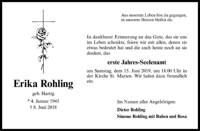  Traueranzeige für Erika Rohling vom 13.06.2019 aus Westfälische Nachrichten