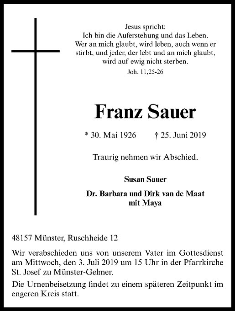  Traueranzeige für Franz Sauer vom 29.06.2019 aus Westfälische Nachrichten