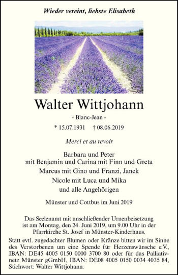 Anzeige von Walter Wittjohann von Westfälische Nachrichten