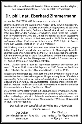 Anzeige von Eberhard Zimmermann von Westfälische Nachrichten