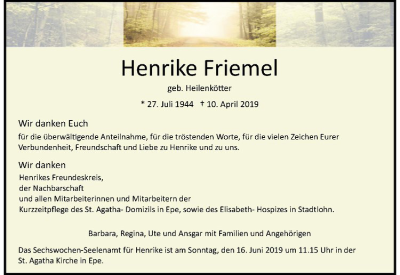  Traueranzeige für Henrike Friemel vom 08.06.2019 aus Westfälische Nachrichten
