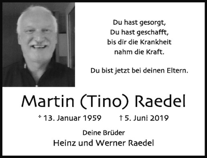  Traueranzeige für Martin Raedel vom 12.06.2019 aus Westfälische Nachrichten