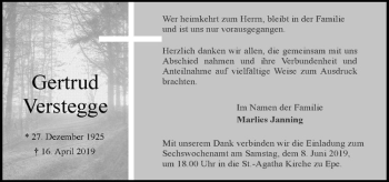 Anzeige von Gertrud Verstegge von Westfälische Nachrichten