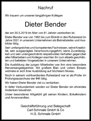 Anzeige von Dieter Bender von Westfälische Nachrichten