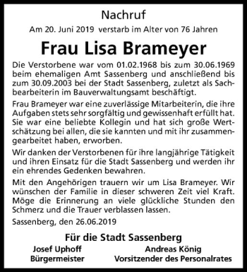 Anzeige von Lisa Brameyer von Westfälische Nachrichten