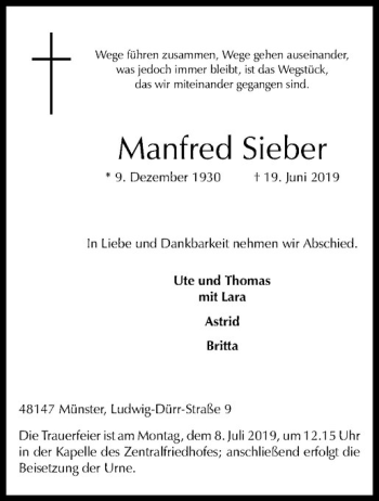 Anzeige von Manfred Sieber von Westfälische Nachrichten