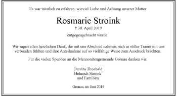 Anzeige von Rosemarie Stroink von Westfälische Nachrichten