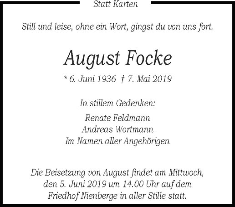  Traueranzeige für August Focke vom 01.06.2019 aus Westfälische Nachrichten