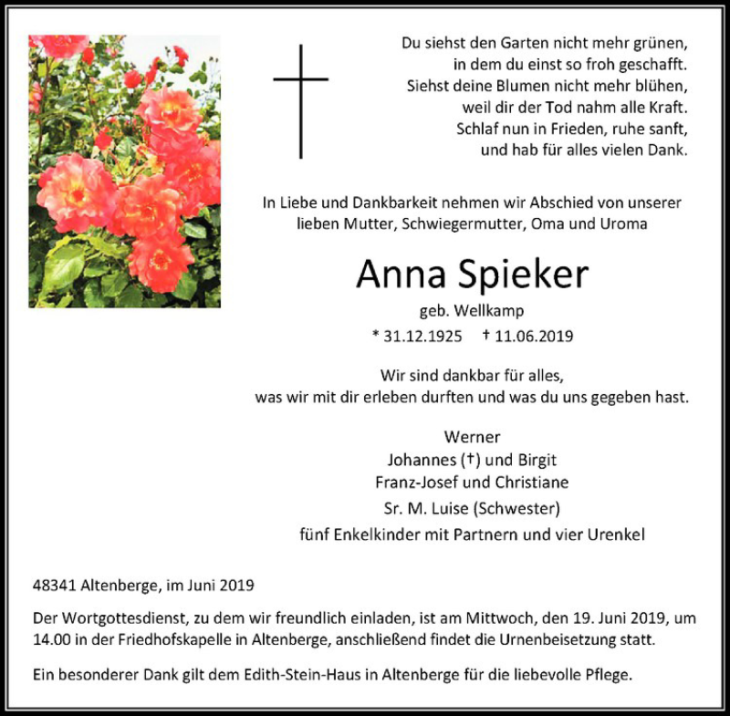  Traueranzeige für Anna Spieker vom 15.06.2019 aus Westfälische Nachrichten