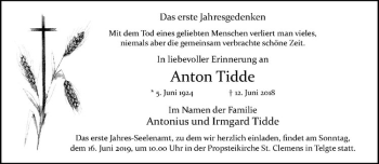 Anzeige von Anton Tidde von Westfälische Nachrichten