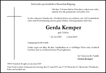 Anzeige von Gerda Kemper von Westfälische Nachrichten