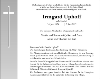 Anzeige von Irmgard Uphoff von Westfälische Nachrichten