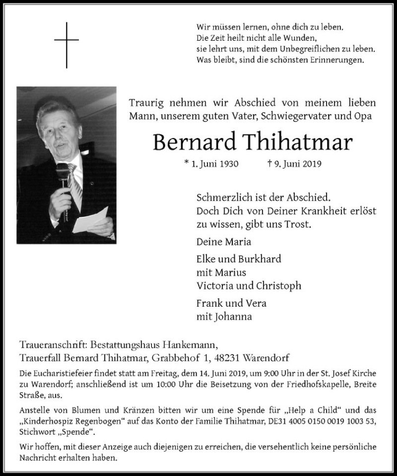  Traueranzeige für Bernard Thihatmar vom 12.06.2019 aus Westfälische Nachrichten
