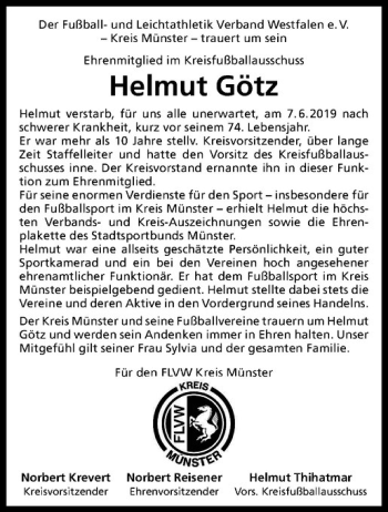 Anzeige von Helmut Götz von Westfälische Nachrichten