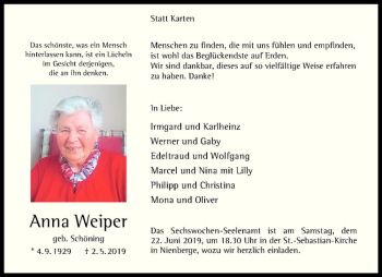 Anzeige von Anna Weiper von Westfälische Nachrichten
