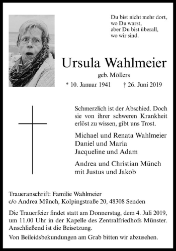 Anzeige von Ursula Wahlmeier von Westfälische Nachrichten