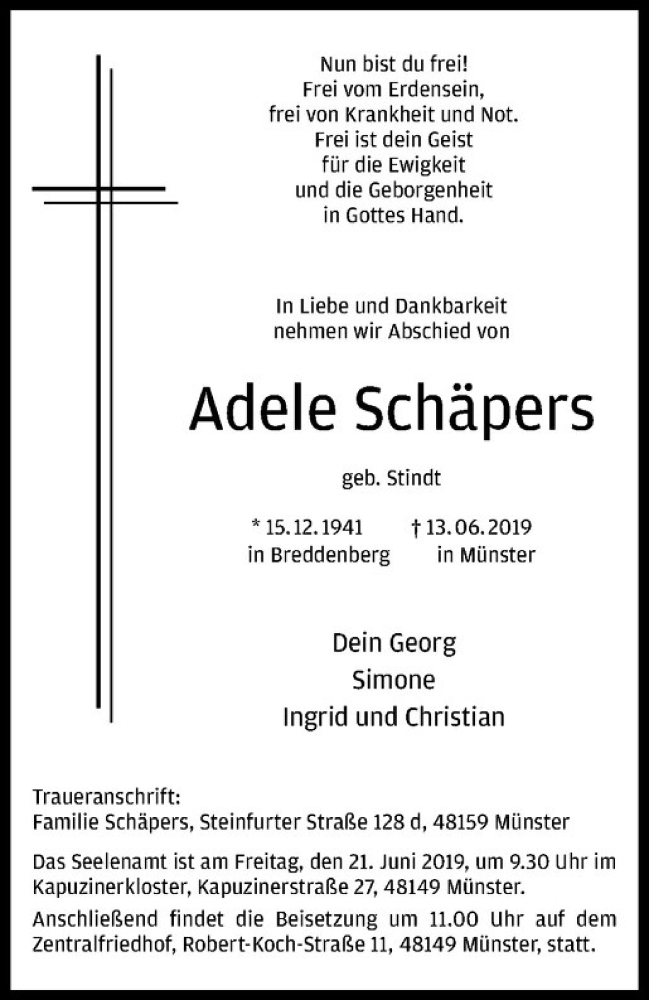  Traueranzeige für Adele Schäpers vom 18.06.2019 aus Westfälische Nachrichten