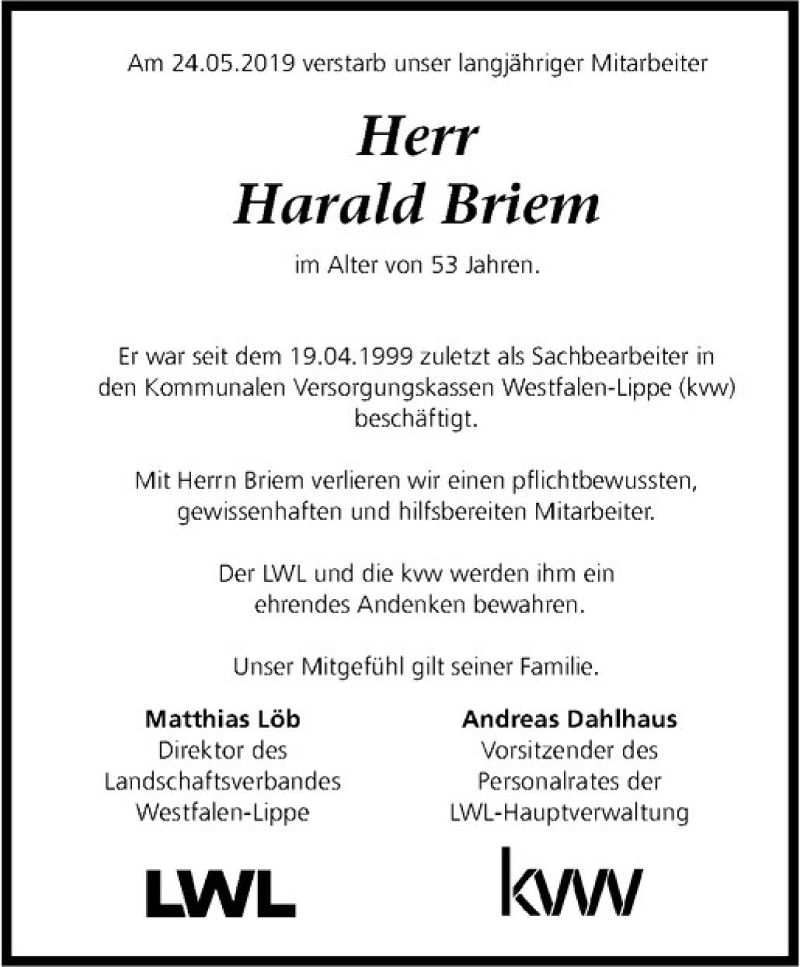  Traueranzeige für Harald Briem vom 14.06.2019 aus Westfälische Nachrichten