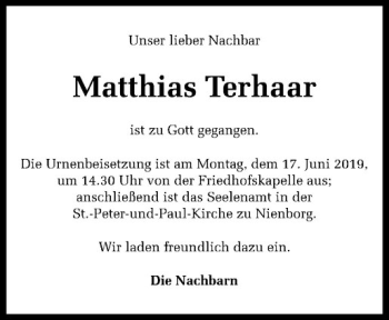 Anzeige von Matthias Terhaar von Westfälische Nachrichten