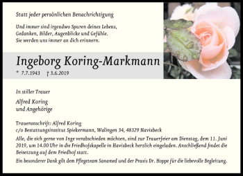 Anzeige von Ingeborg Koring-Markmann von Westfälische Nachrichten