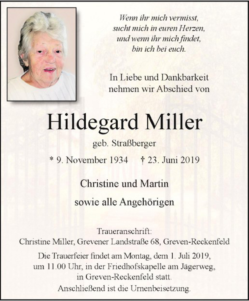  Traueranzeige für Hildegard Miller vom 29.06.2019 aus Westfälische Nachrichten
