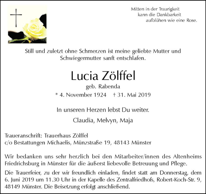 Traueranzeige für Lucia Zölffel vom 05.06.2019 aus Westfälische Nachrichten