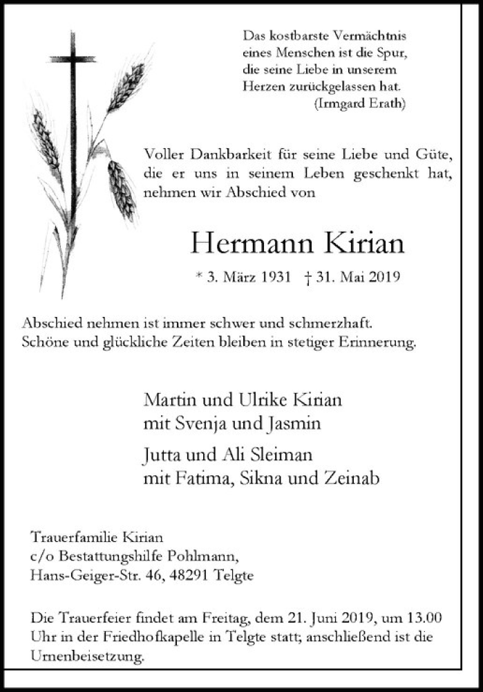  Traueranzeige für Hermann Kirian vom 08.06.2019 aus Westfälische Nachrichten