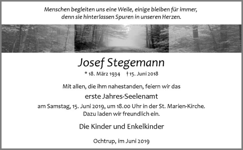  Traueranzeige für Josef Stegemann vom 12.06.2019 aus Westfälische Nachrichten