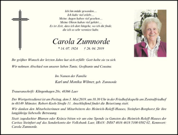 Anzeige von Carola Zumnorde von Westfälische Nachrichten