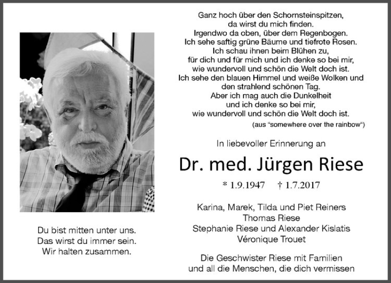  Traueranzeige für Jürgen Riese vom 29.06.2019 aus Westfälische Nachrichten