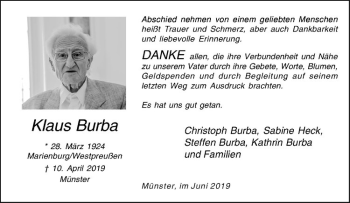 Anzeige von Klaus Buba von Westfälische Nachrichten