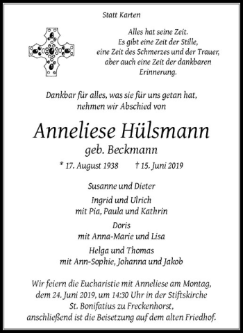 Anzeige von Anneliese Hülsmann von Westfälische Nachrichten