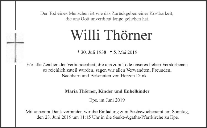  Traueranzeige für Willi Thörner vom 18.06.2019 aus Westfälische Nachrichten
