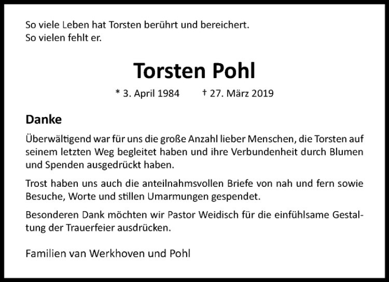  Traueranzeige für Torsten Pohl vom 01.06.2019 aus Westfälische Nachrichten