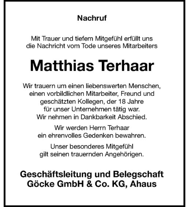  Traueranzeige für Matthias Terhaar vom 18.06.2019 aus Westfälische Nachrichten