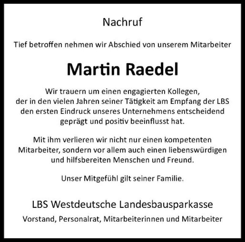  Traueranzeige für Martin Raedel vom 13.06.2019 aus Westfälische Nachrichten