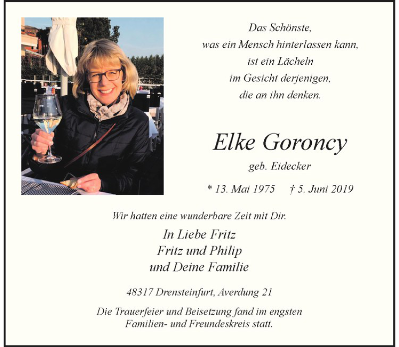  Traueranzeige für Elke Goroncy vom 15.06.2019 aus Westfälische Nachrichten