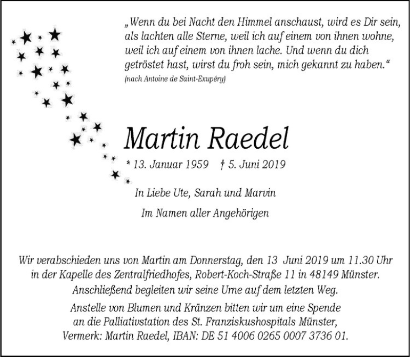  Traueranzeige für Martin Raedel vom 08.06.2019 aus Westfälische Nachrichten