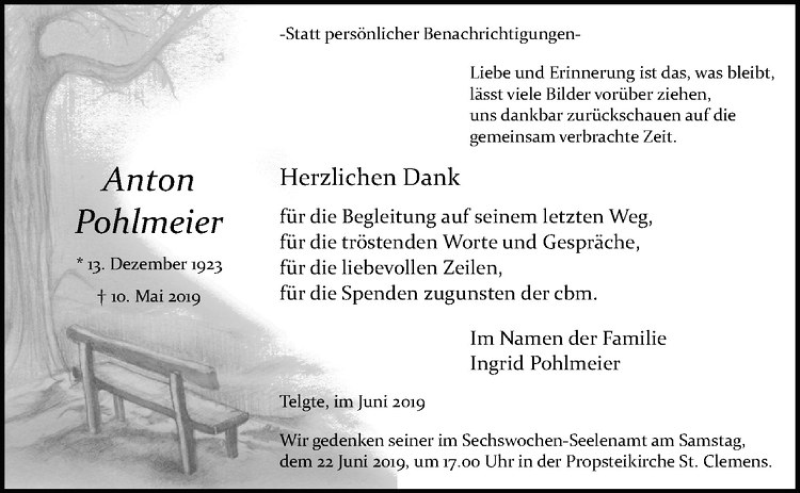  Traueranzeige für Anton Pohlmeier vom 15.06.2019 aus Westfälische Nachrichten