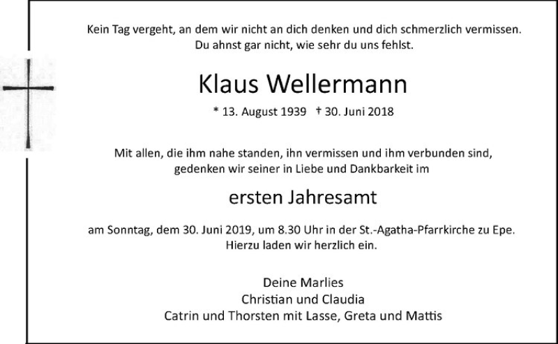  Traueranzeige für Klaus Wellermann vom 25.06.2019 aus Westfälische Nachrichten