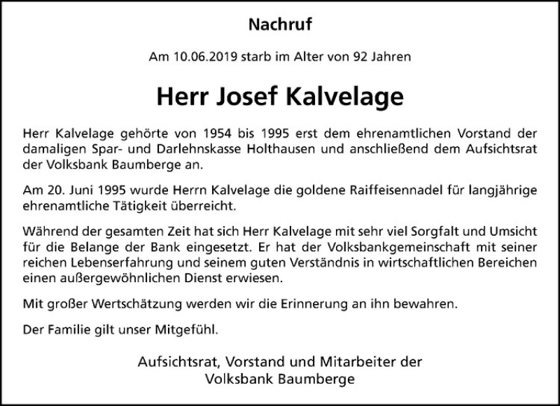  Traueranzeige für Josef Kalvelage vom 19.06.2019 aus Westfälische Nachrichten