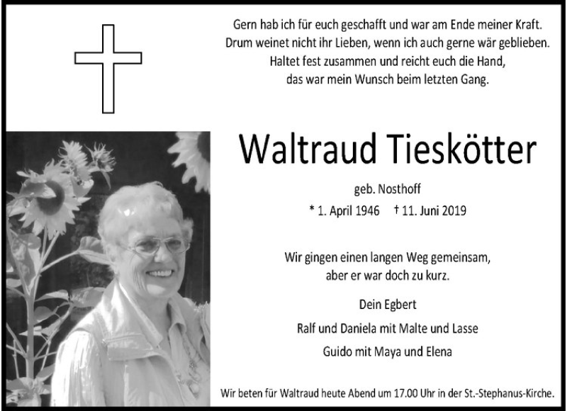  Traueranzeige für Waltraud Tieskötter vom 15.06.2019 aus Westfälische Nachrichten