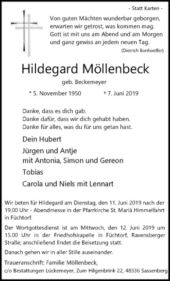Anzeige von Hildegard Möllenbeck von Westfälische Nachrichten
