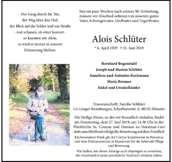Anzeige von Alois Schlüter von Westfälische Nachrichten