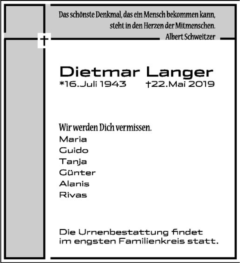 Traueranzeige für Dietmar Langer vom 01.06.2019 aus Westfälische Nachrichten