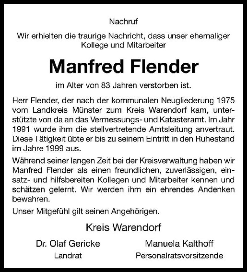  Traueranzeige für Manfred Flender vom 05.06.2019 aus Westfälische Nachrichten