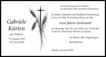 Anzeige von Gabriele Kürten von Westfälische Nachrichten