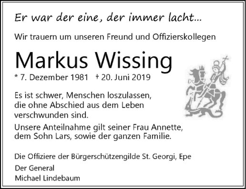  Traueranzeige für Markus Wissing vom 27.06.2019 aus Westfälische Nachrichten