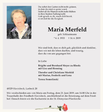 Anzeige von Maria Merfeld von Westfälische Nachrichten